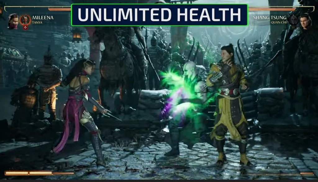 Mortal Kombat Cheats unlimited health overlay during a fight